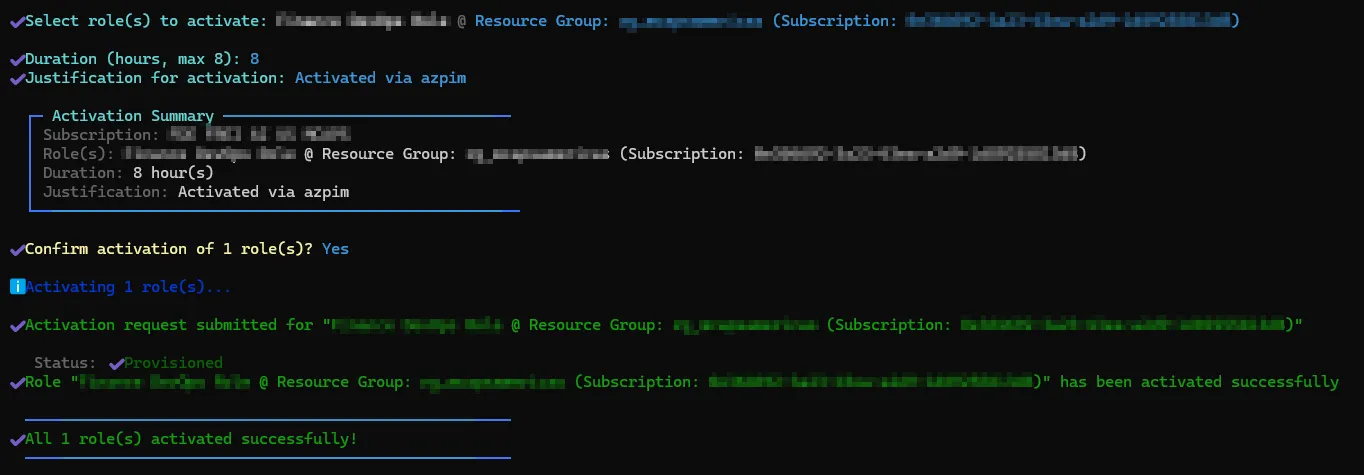 Terminal showing successful role activation with green checkmarks