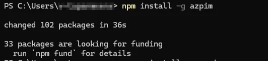 Terminal showing npm install -g azpim command completion