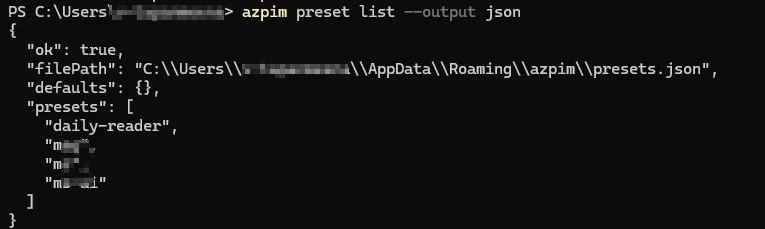 azpim command with --json flag showing structured JSON output